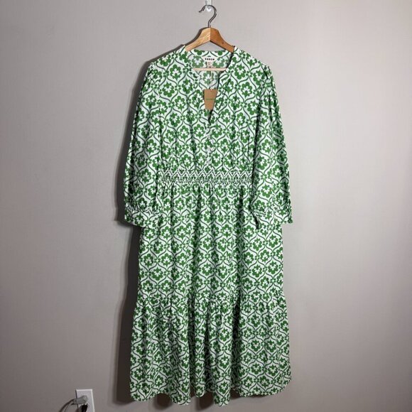 Boden Elena Cotton Tiered Midi Dress Womens 16-18 Paradise Green Ivy Trellis NWT - Picture 4 of 16